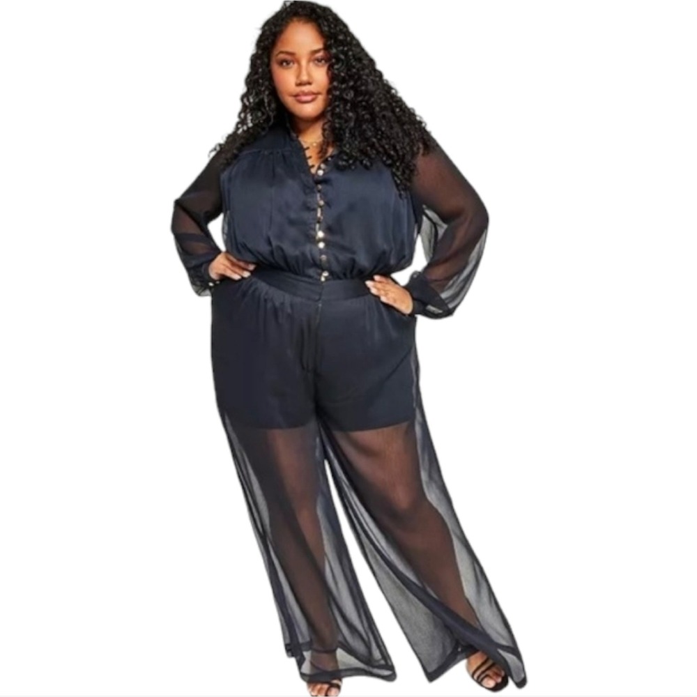 Nina Parker Womens Black‎ Sheer Overlay Romper Jumpsuit Button Front Wide Leg